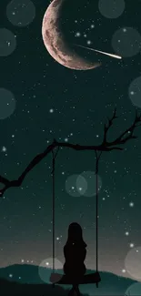 Silhouette on swing under a crescent moon with a starry sky.