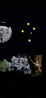 Mystical moonlit scene with stars and forest.