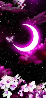 Pink crescent moon with floral accents against a starry sky.