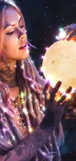 Woman holding glowing moon with colorful lights.