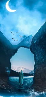 Mystical moonlit landscape with mountains and a lone figure.