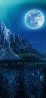 Mystical mountain scene under full moon with blue night sky and forest.