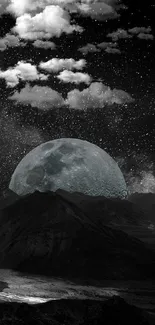 Moonlit mountains with starry sky and galaxy scene background.