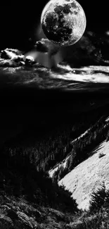 Black and white photo of a moonlit mountain at night.