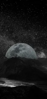 Moonlit mountain with starry sky wallpaper for mobile phone.