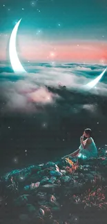 Woman sitting on mountain under crescent moon at night.