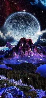 Mystical mountain landscape under full moon with vibrant night sky.