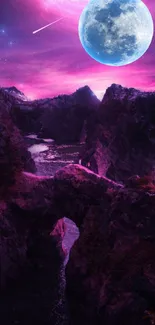 Purple mountain landscape under full moon with a mystical night sky.