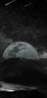 Moonlit mountain landscape with starry sky and cosmic elements.