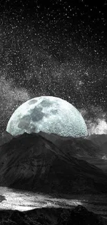 Moonlit mountain scene with starry sky and cosmic elements.