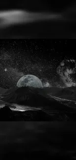 Moonlit night over mountains with starry sky.