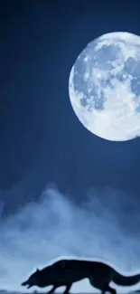 Silhouette of a wolf under a full moon in a mystical night setting.