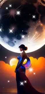 Silhouetted woman under a mystical moonlit night sky.