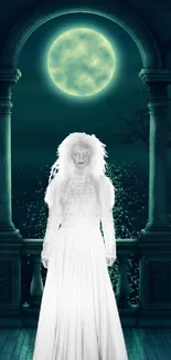 Ghostly bride in a white dress under a full moon with roses, overlooking the sea.