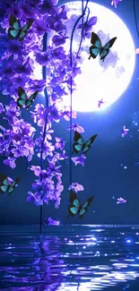 Mystical moonlit night with purple flowers and butterflies over water.