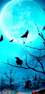 Mystical night wallpaper with moon, bats, and crow silhouette.