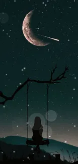 A mystical night scene with a crescent moon, stars, and a girl on a swing silhouette.