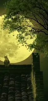 Night scene with full moon, tree, and cat on rooftop.