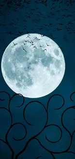 Moonlit night sky with birds and tree silhouettes in dark blue hues.