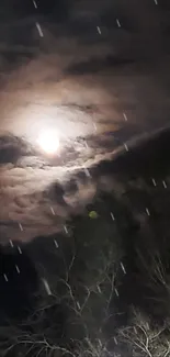 A glowing full moon in a cloudy night sky with silhouetted trees below.