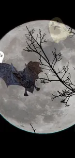 Bat flying across a full moon at night against a dark sky.