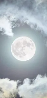 Full moon in a night sky with ethereal clouds, perfect for mobile wallpaper.