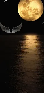 Moonlit night sky with ocean reflection and wings, perfect for a serene phone wallpaper.