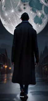 Mysterious figure walking under a moonlit night on a dark street.