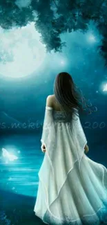 Woman in white gown under moonlit sky with glowing hues