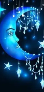 Glowing blue crescent moon with stars and crystal decorations in a mystical night scene.