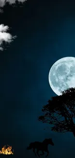 Mystical moonlit night scene with a silhouetted tree and horse under a full moon.