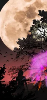 Mystical night wallpaper with moon, trees, and pink hues.