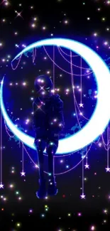 Silhouetted figure on crescent moon with starry background.