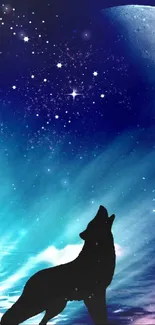 Woman and wolf under starry moonlit sky with ethereal hues.