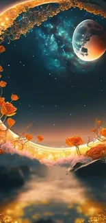 Moonlit night with orange roses and a starry sky.