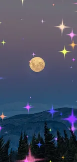 Mystical night sky with full moon and colorful stars over a serene landscape.