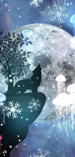 Mystical wolf howling under the moon with glowing jellyfish and snowflakes.