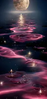 Mystical nightscape with pink waves and glowing moon.