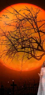 Ethereal figure under vibrant orange full moon with silhouette tree branches.