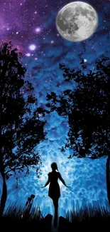 Silhouette under a starry, moonlit sky with trees and vibrant blue tones.