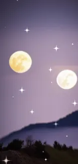 Double moons and stars in a purple-hued night sky.