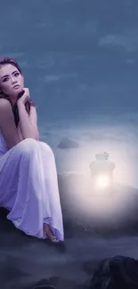 Woman on rocks under full moon with lantern light.