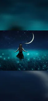 Mystical girl stands in moonlit teal meadow with a crescent moon above.