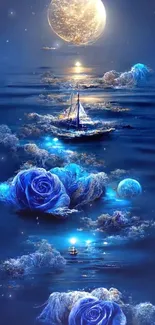 Mystical ocean scene with roses and moonlit boat on dark blue waters.