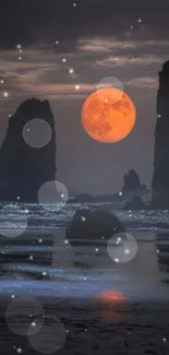 Orange moon over ocean with rock silhouettes and bokeh effect.