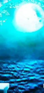 Mystical ocean wallpaper with full moon and blue tones.