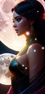 Ethereal woman with moons in the background, vibrant and mystical.