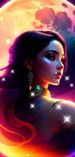 Mystical moonlit portrait with a regal woman in vibrant colors.