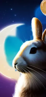 Vivid artwork of a rabbit under a moonlit sky with celestial elements.