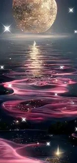 Moonlit night scene with pink glowing reflections over water.